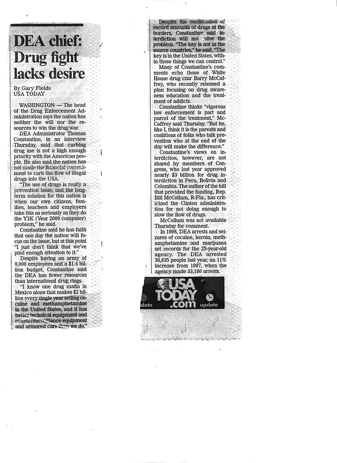 USA Today clipping 2/19/1999 DEA says